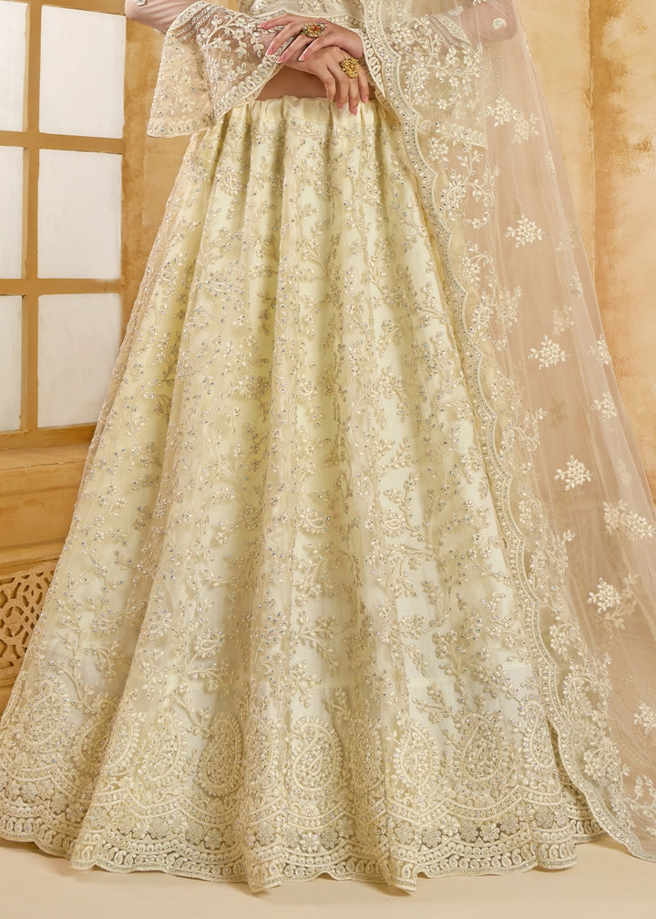 Rice White Net Lehenga Choli with Handcrafted Cording, Thread, and Stone Work