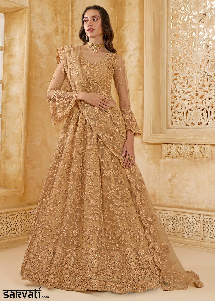 Peanut Brown Net Lehenga Choli with Handcrafted Cording, Thread, and Stone Work