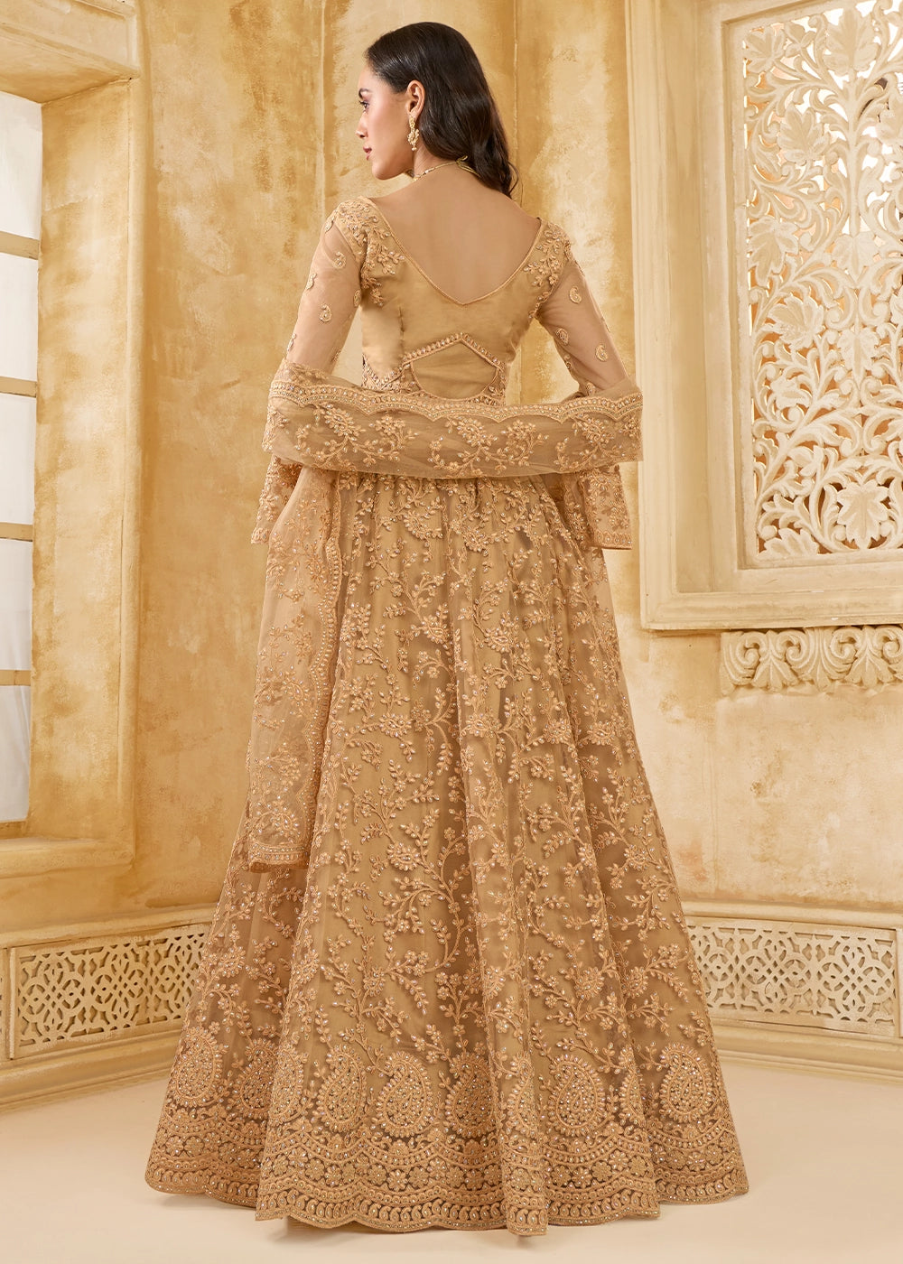 Peanut Brown Net Lehenga Choli with Handcrafted Cording, Thread, and Stone Work