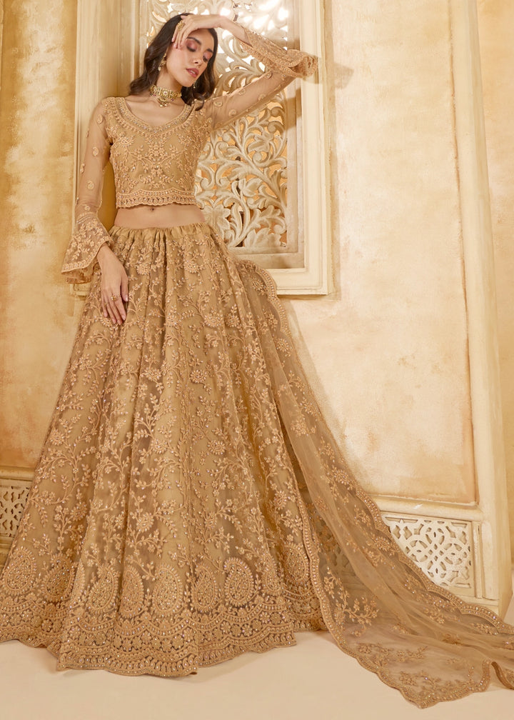 Peanut Brown Net Lehenga Choli with Handcrafted Cording, Thread, and Stone Work