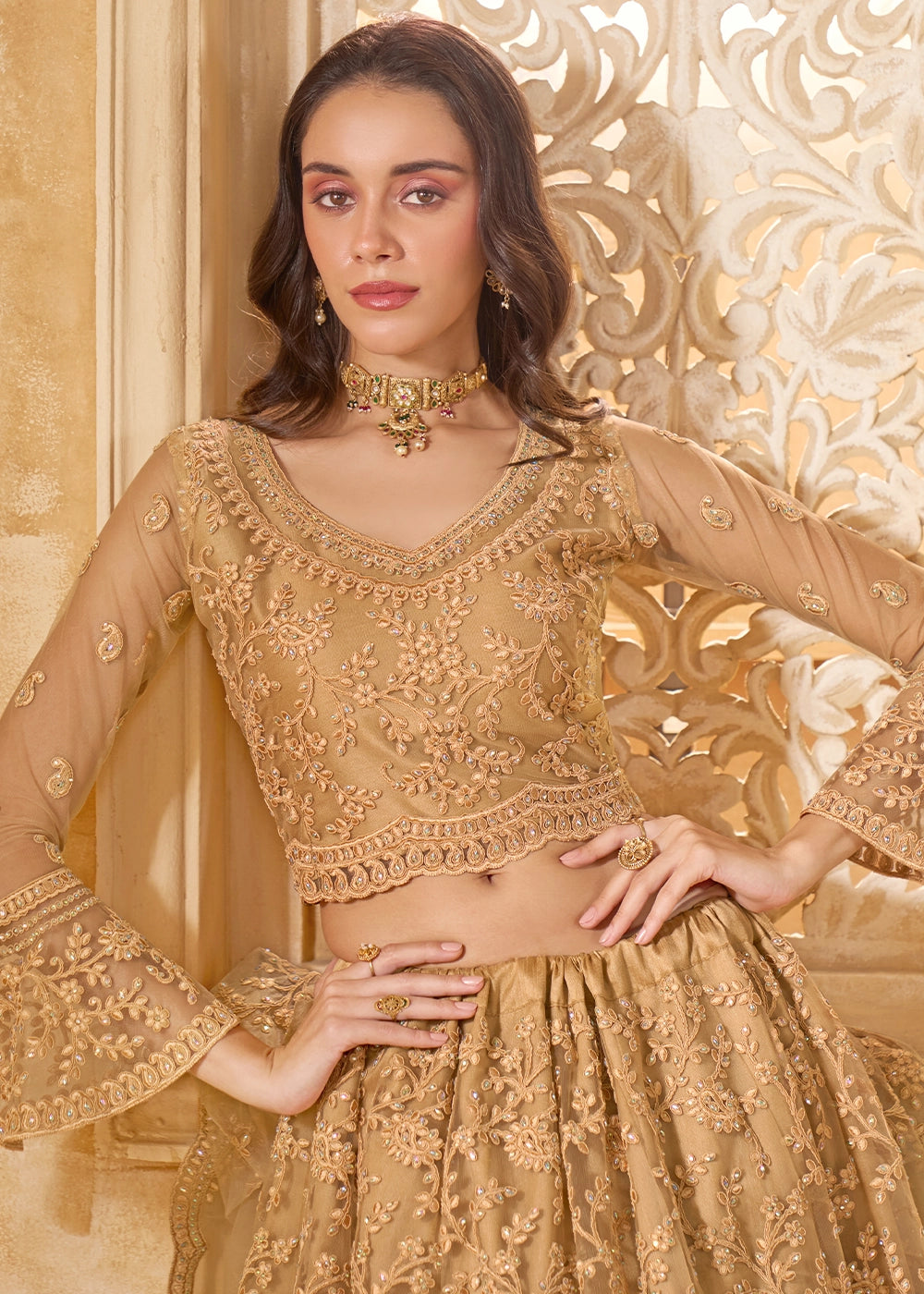 Peanut Brown Net Lehenga Choli with Handcrafted Cording, Thread, and Stone Work
