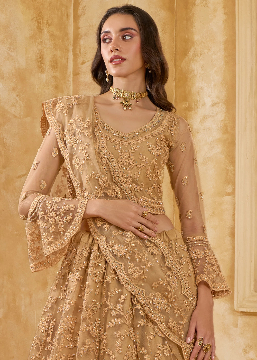 Peanut Brown Net Lehenga Choli with Handcrafted Cording, Thread, and Stone Work