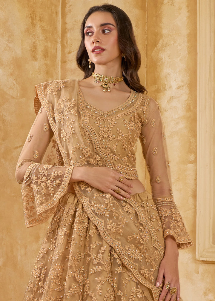 Peanut Brown Net Lehenga Choli with Handcrafted Cording, Thread, and Stone Work