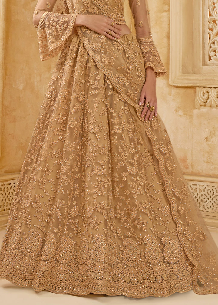 Peanut Brown Net Lehenga Choli with Handcrafted Cording, Thread, and Stone Work