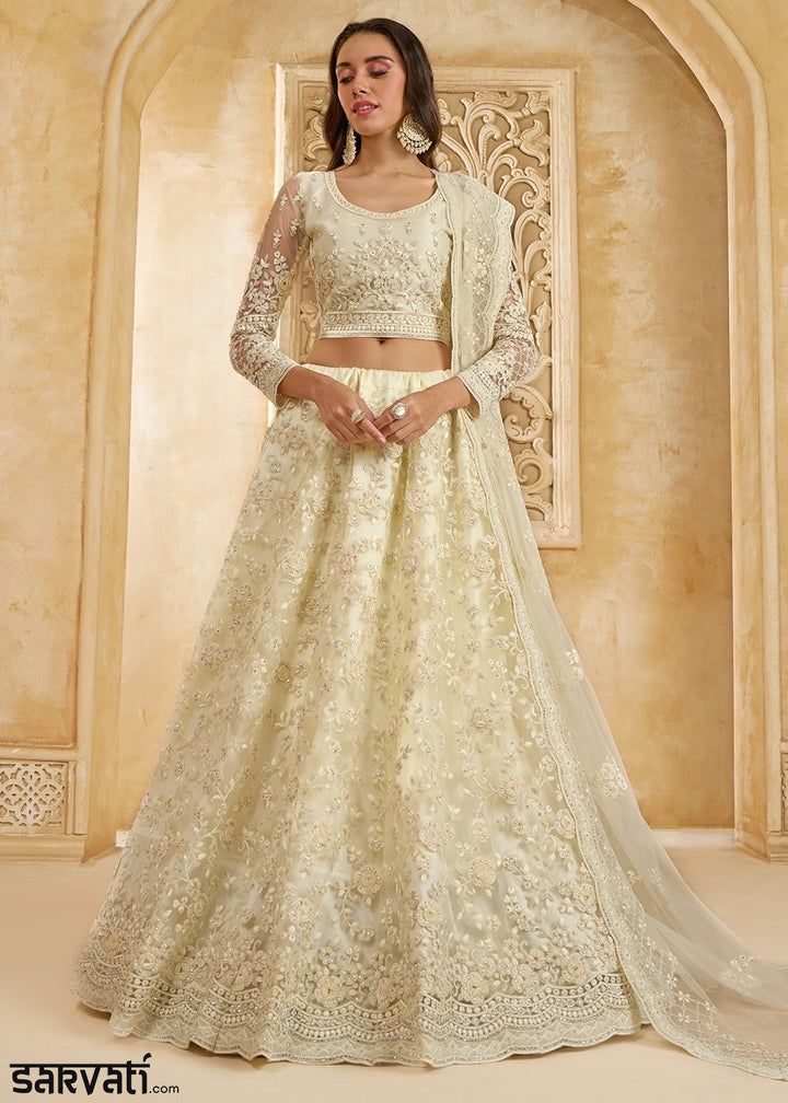 Pearl White Net Lehenga Choli with Handcrafted Cording, Thread, and Stone Work