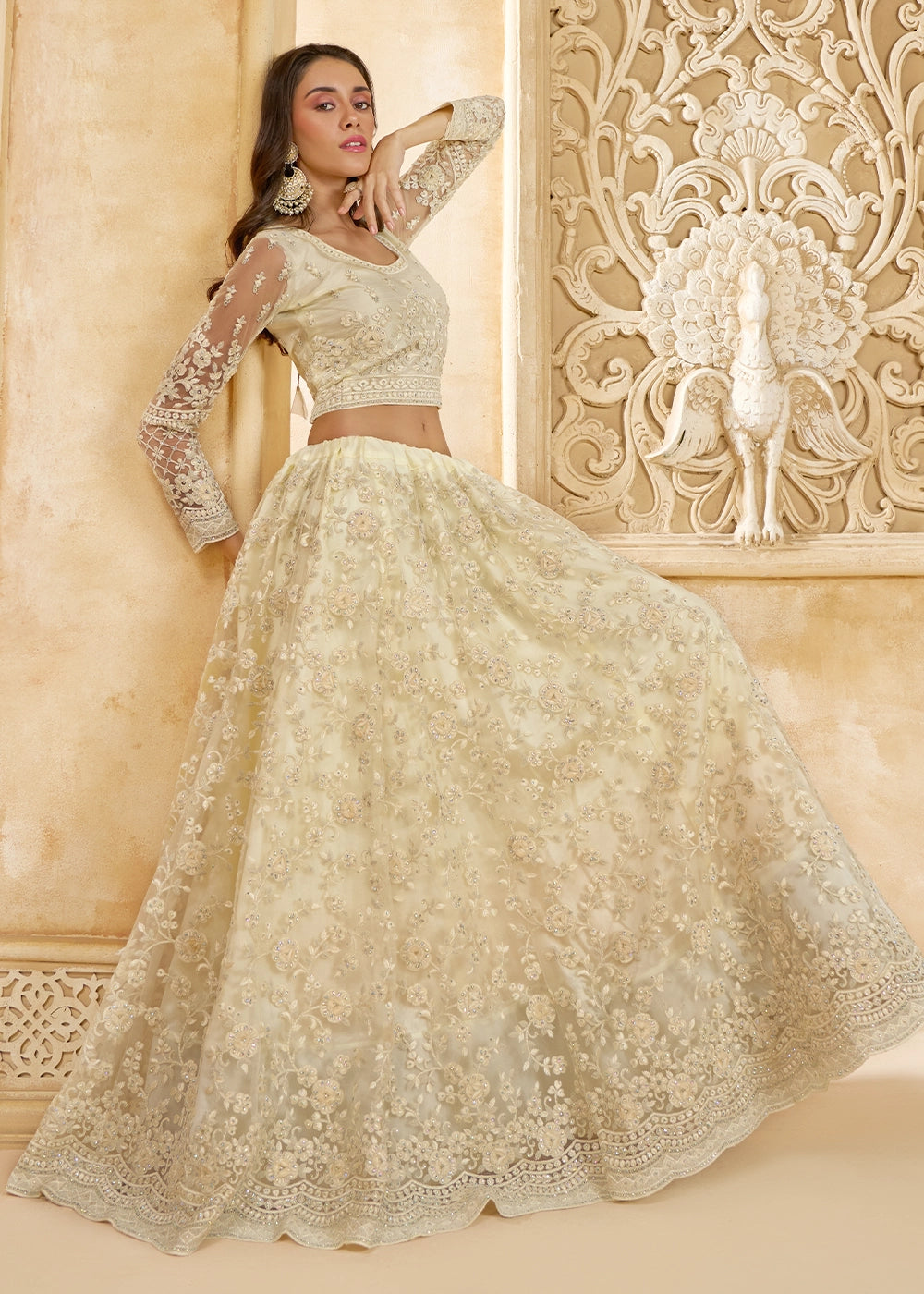 Pearl White Net Lehenga Choli with Handcrafted Cording, Thread, and Stone Work