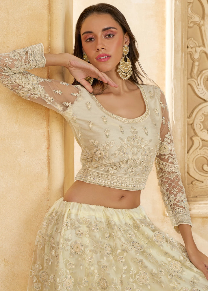 Pearl White Net Lehenga Choli with Handcrafted Cording, Thread, and Stone Work
