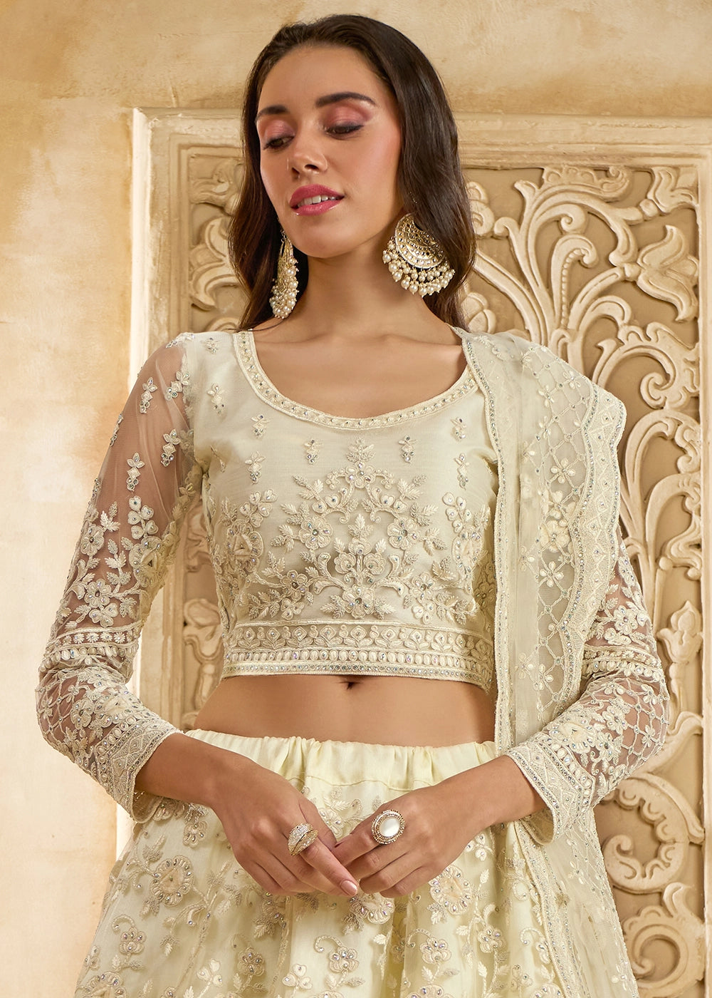 Pearl White Net Lehenga Choli with Handcrafted Cording, Thread, and Stone Work