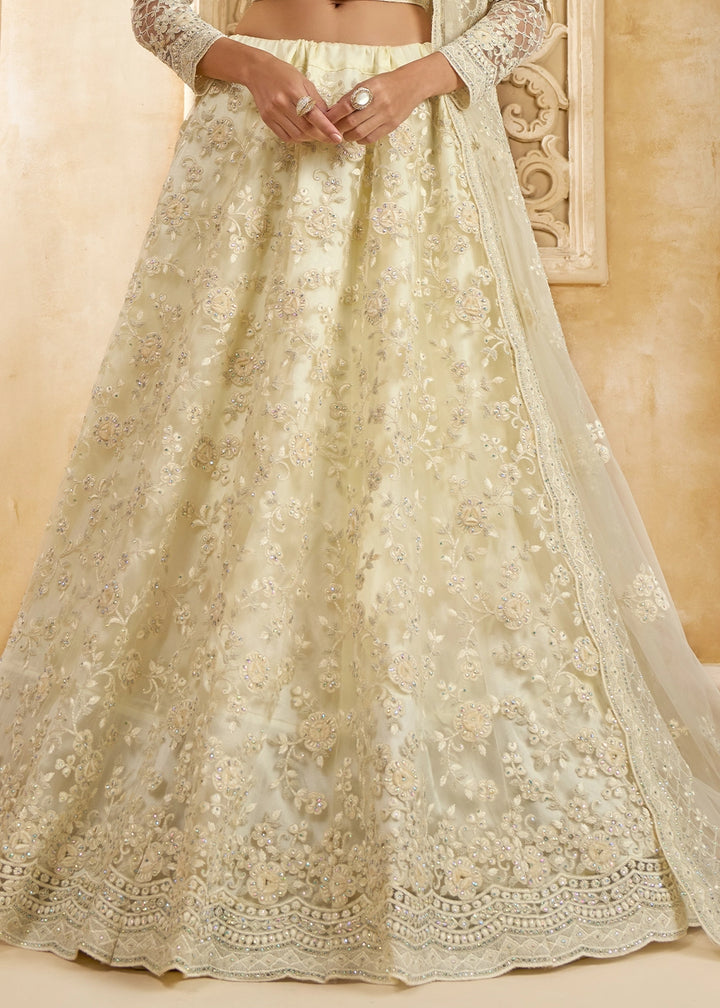 Pearl White Net Lehenga Choli with Handcrafted Cording, Thread, and Stone Work