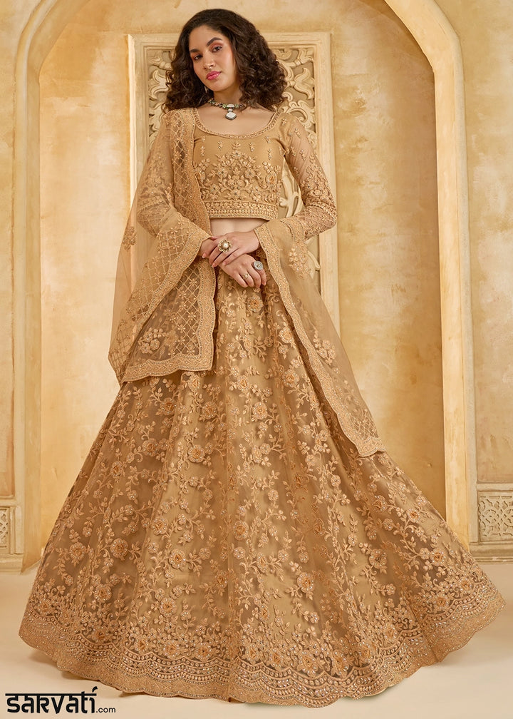 Cinnamon Brown Net Lehenga Choli with Handcrafted Cording, Thread, and Stone Work
