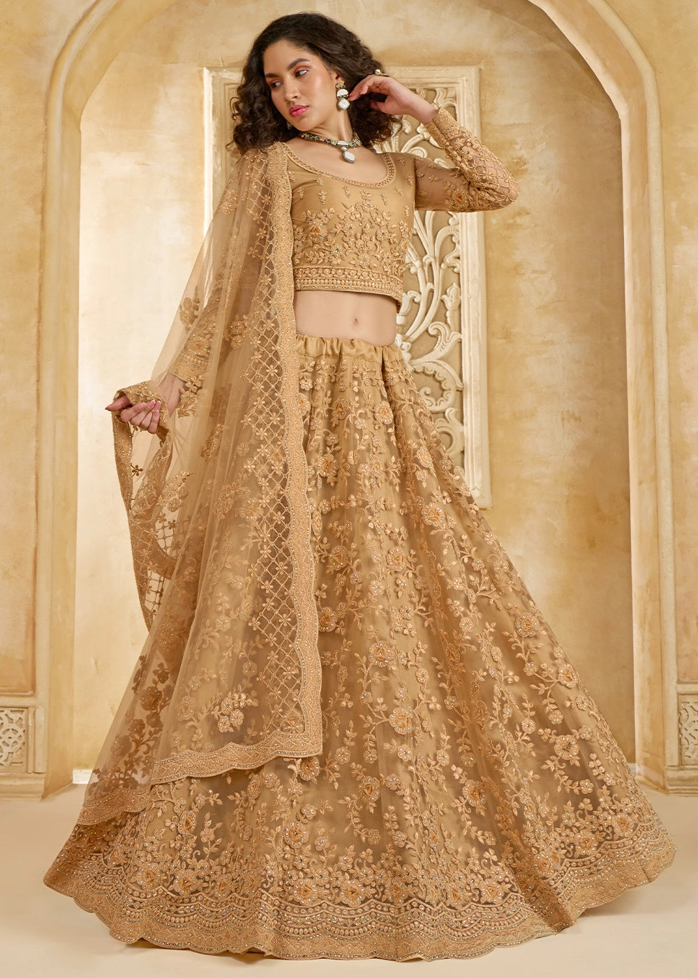 Cinnamon Brown Net Lehenga Choli with Handcrafted Cording, Thread, and Stone Work