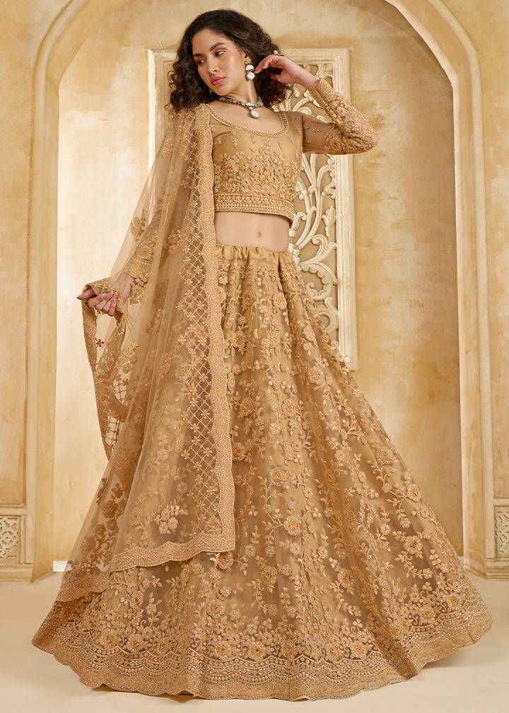 Cinnamon Brown Net Lehenga Choli with Handcrafted Cording, Thread, and Stone Work
