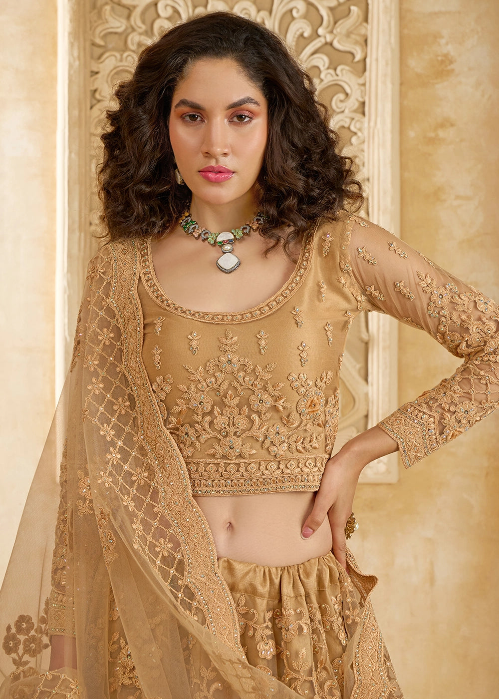 Cinnamon Brown Net Lehenga Choli with Handcrafted Cording, Thread, and Stone Work