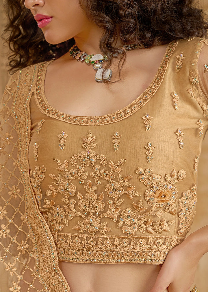 Cinnamon Brown Net Lehenga Choli with Handcrafted Cording, Thread, and Stone Work