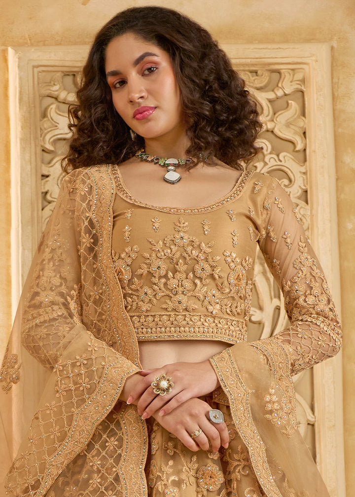 Cinnamon Brown Net Lehenga Choli with Handcrafted Cording, Thread, and Stone Work