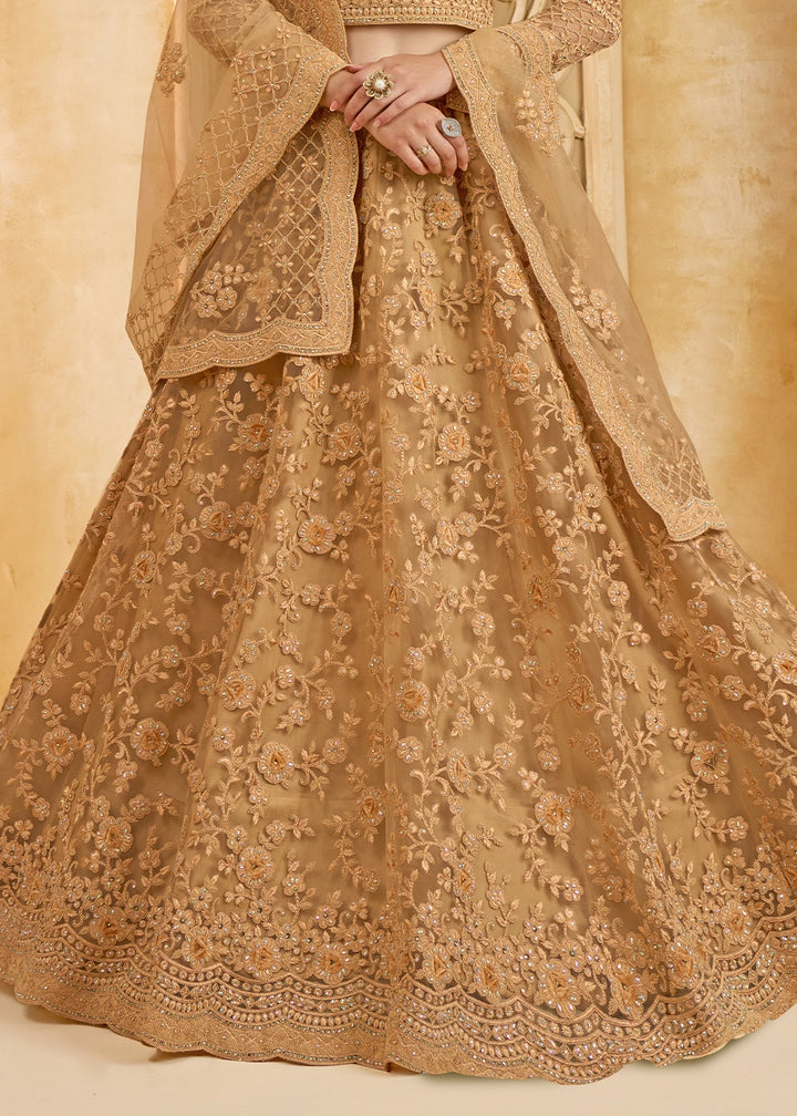 Cinnamon Brown Net Lehenga Choli with Handcrafted Cording, Thread, and Stone Work