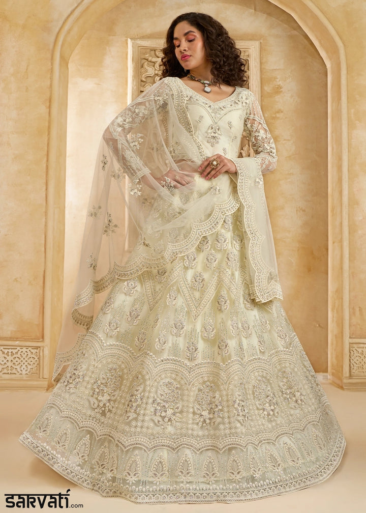 Off White Net Lehenga Choli with Handcrafted Cording, Thread, and Stone Work