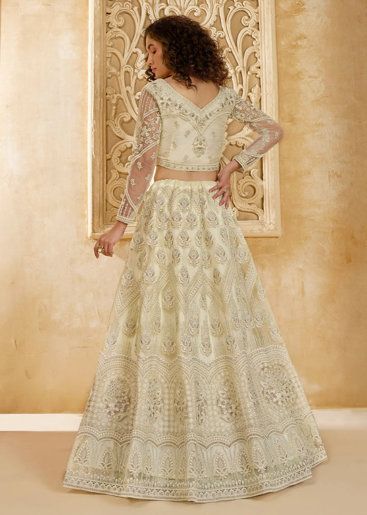 Off White Net Lehenga Choli with Handcrafted Cording, Thread, and Stone Work