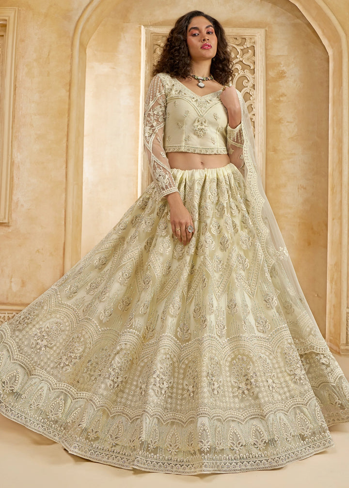 Off White Net Lehenga Choli with Handcrafted Cording, Thread, and Stone Work