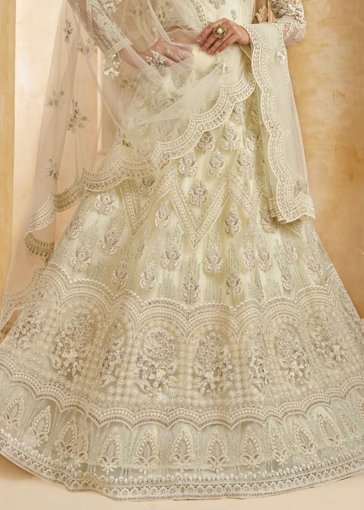 Off White Net Lehenga Choli with Handcrafted Cording, Thread, and Stone Work