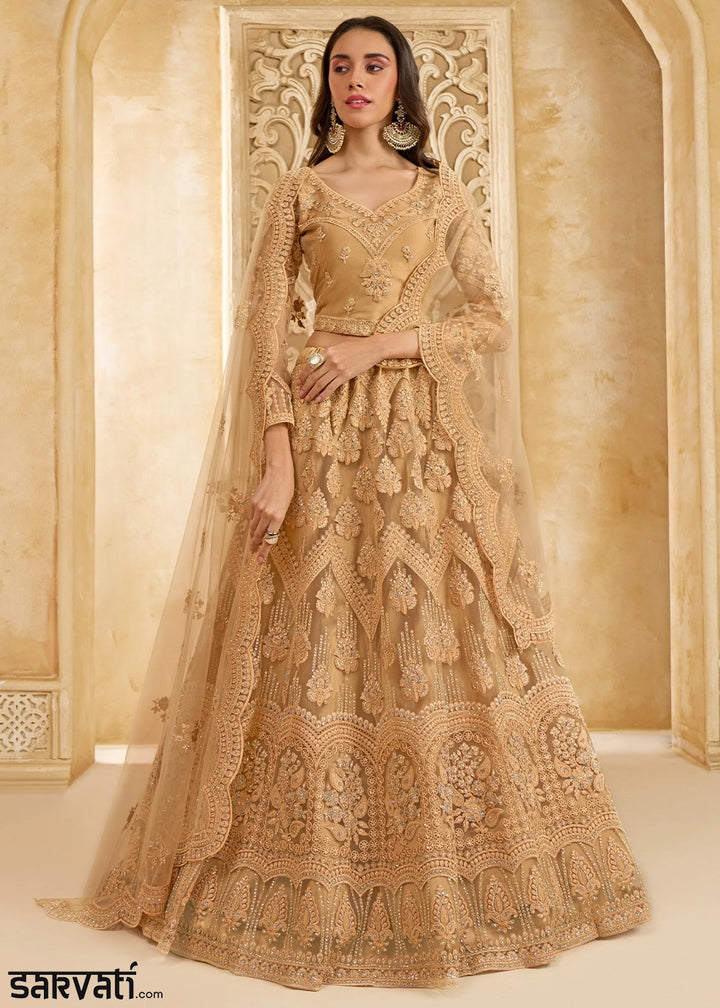 Tawny Brown Net Lehenga Choli with Handcrafted Cording, Thread, and Stone Work