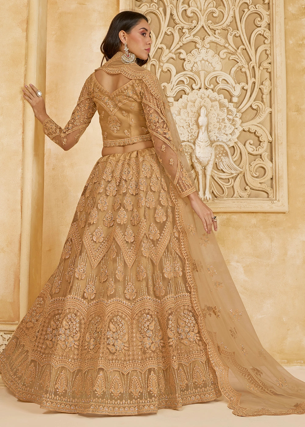 Tawny Brown Net Lehenga Choli with Handcrafted Cording, Thread, and Stone Work