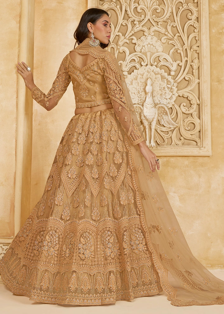 Tawny Brown Net Lehenga Choli with Handcrafted Cording, Thread, and Stone Work