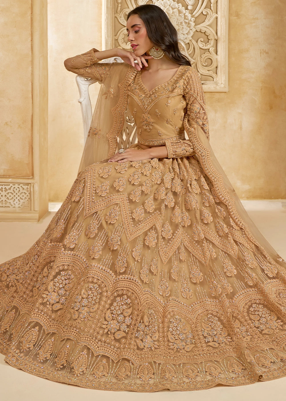 Tawny Brown Net Lehenga Choli with Handcrafted Cording, Thread, and Stone Work