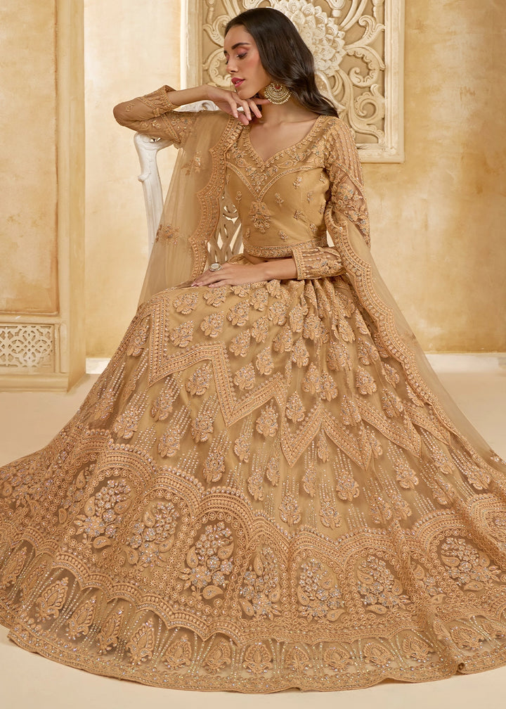 Tawny Brown Net Lehenga Choli with Handcrafted Cording, Thread, and Stone Work
