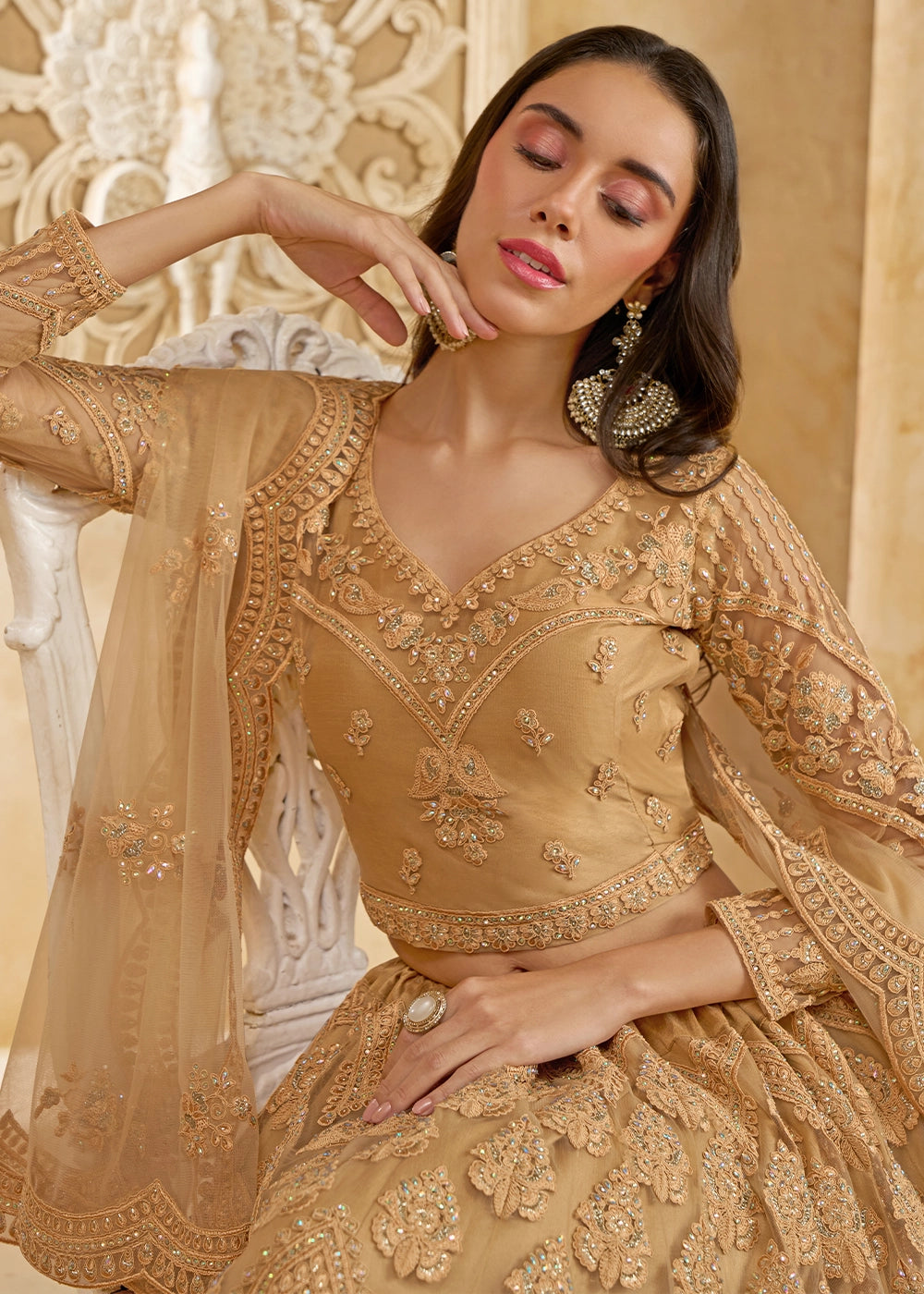 Tawny Brown Net Lehenga Choli with Handcrafted Cording, Thread, and Stone Work