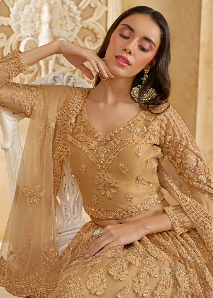 Tawny Brown Net Lehenga Choli with Handcrafted Cording, Thread, and Stone Work