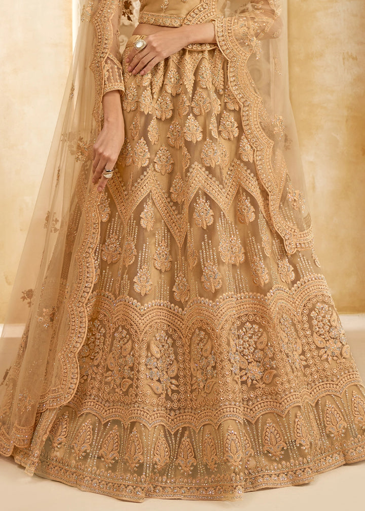 Tawny Brown Net Lehenga Choli with Handcrafted Cording, Thread, and Stone Work