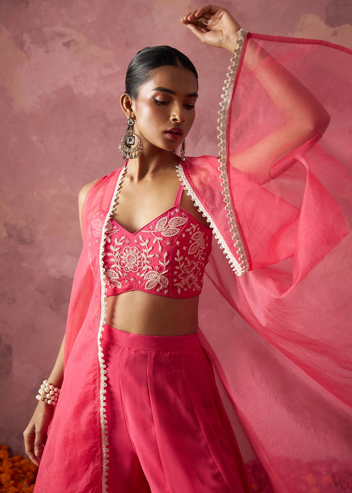 Brink Pink Georgette Sharara Set with Organza Cape & Embroidery