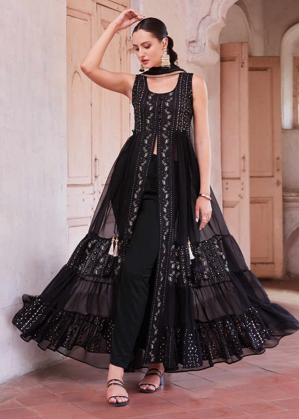 Raven Black Georgette Anarkali Gown with Intricate Zari, Sequin, and Thread Embroidery