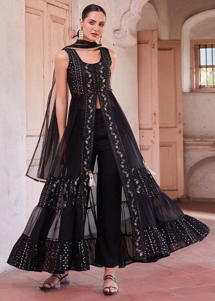 Raven Black Georgette Anarkali Gown with Intricate Zari, Sequin, and Thread Embroidery