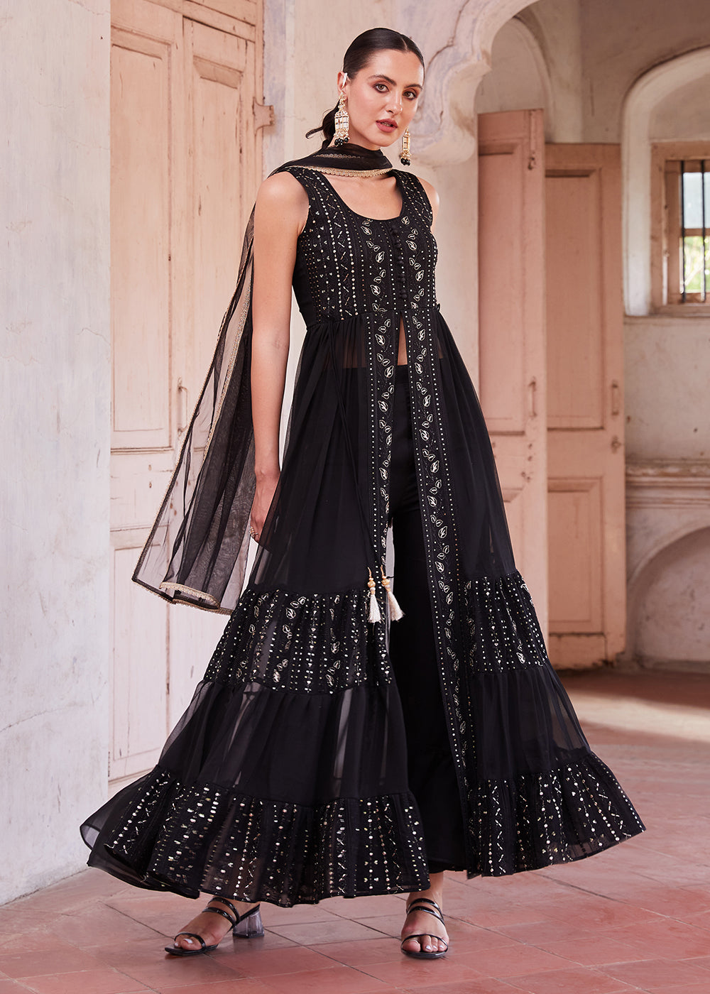 Raven Black Georgette Anarkali Gown with Intricate Zari, Sequin, and Thread Embroidery