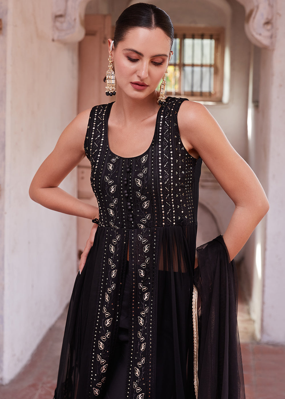 Raven Black Georgette Anarkali Gown with Intricate Zari, Sequin, and Thread Embroidery