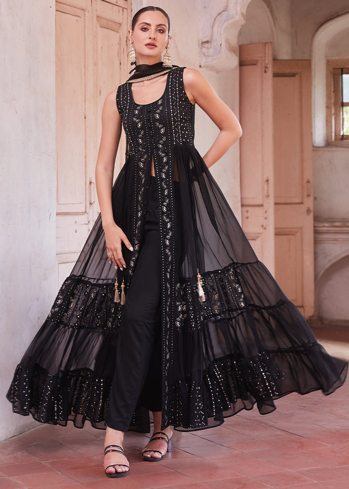 Raven Black Georgette Anarkali Gown with Intricate Zari, Sequin, and Thread Embroidery