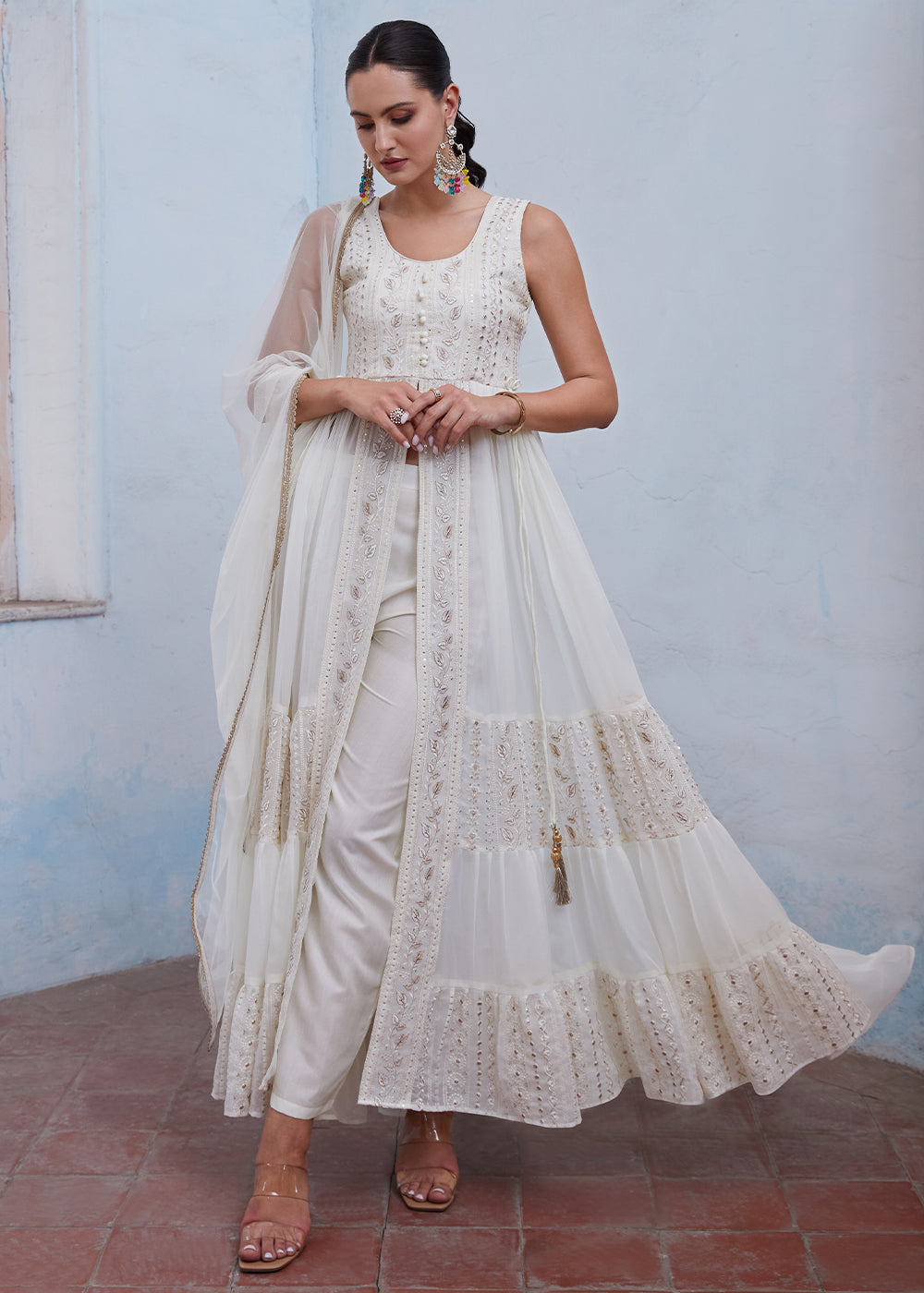 Rice White Georgette Anarkali Gown with Intricate Zari, Sequin, and Th ...