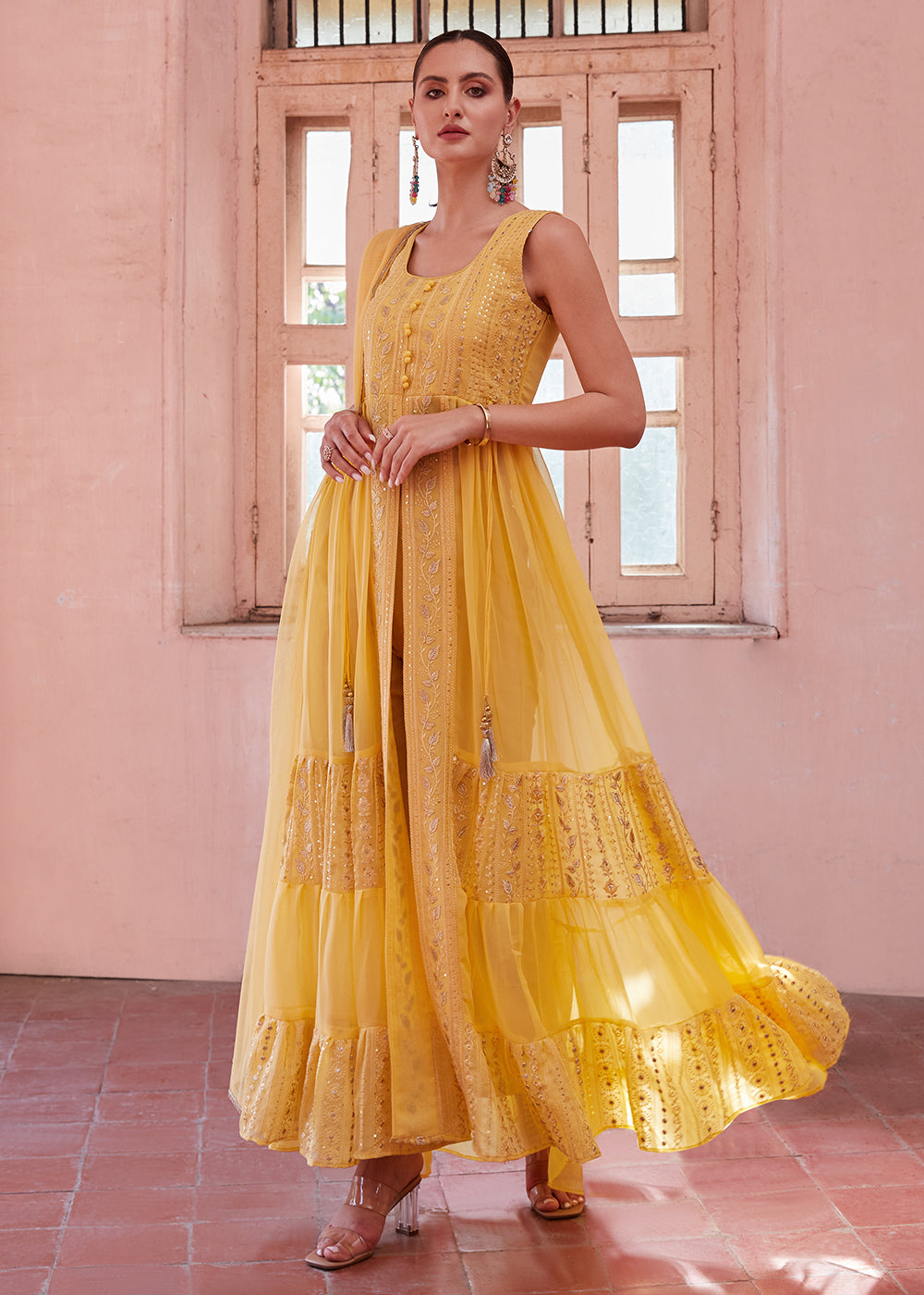 Butter Yellow Georgette Anarkali Gown with Intricate Zari, Sequin, and Thread Embroidery