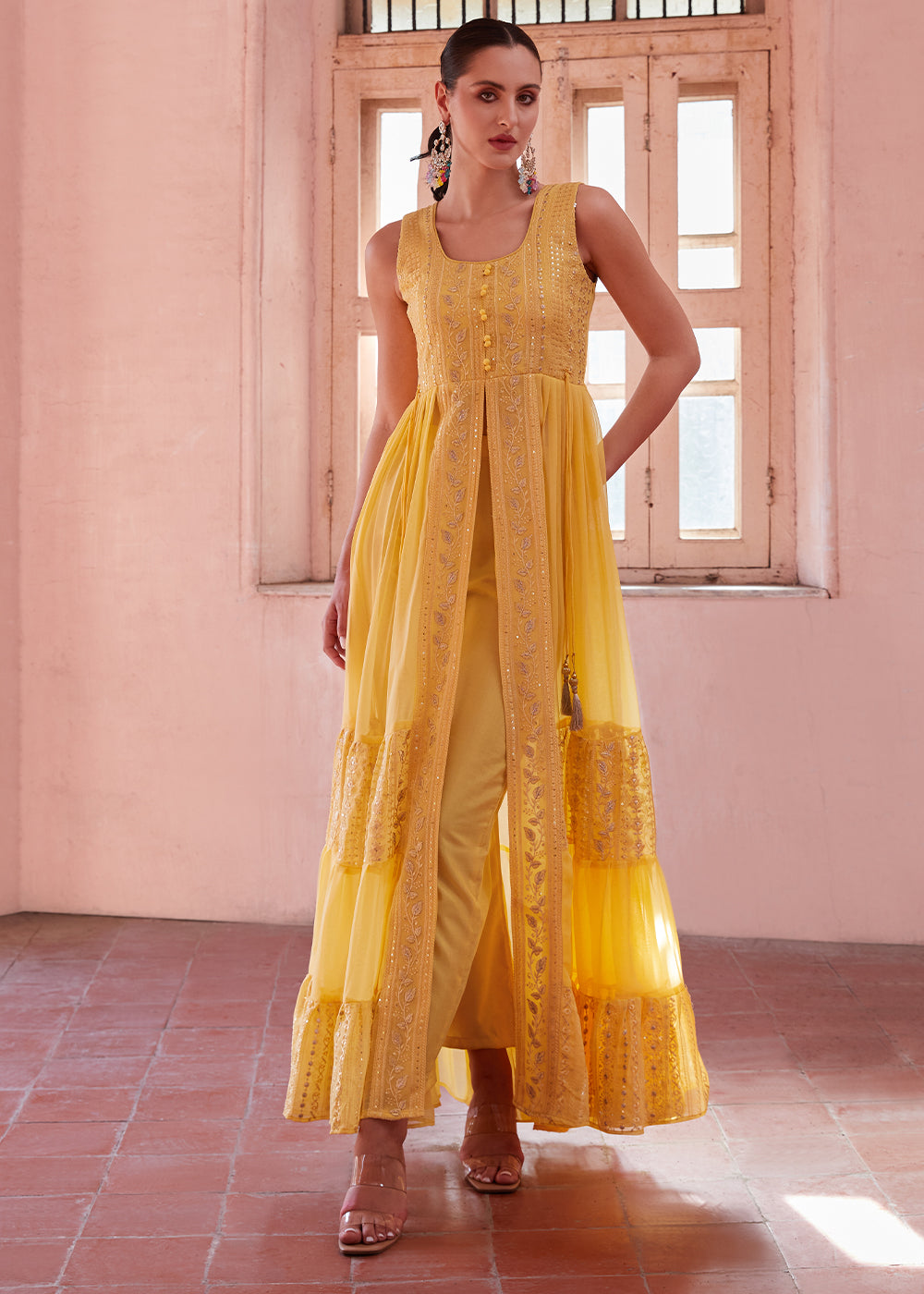 Butter Yellow Georgette Anarkali Gown with Intricate Zari, Sequin, and Thread Embroidery