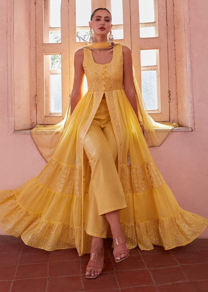 Butter Yellow Georgette Anarkali Gown with Intricate Zari, Sequin, and Thread Embroidery