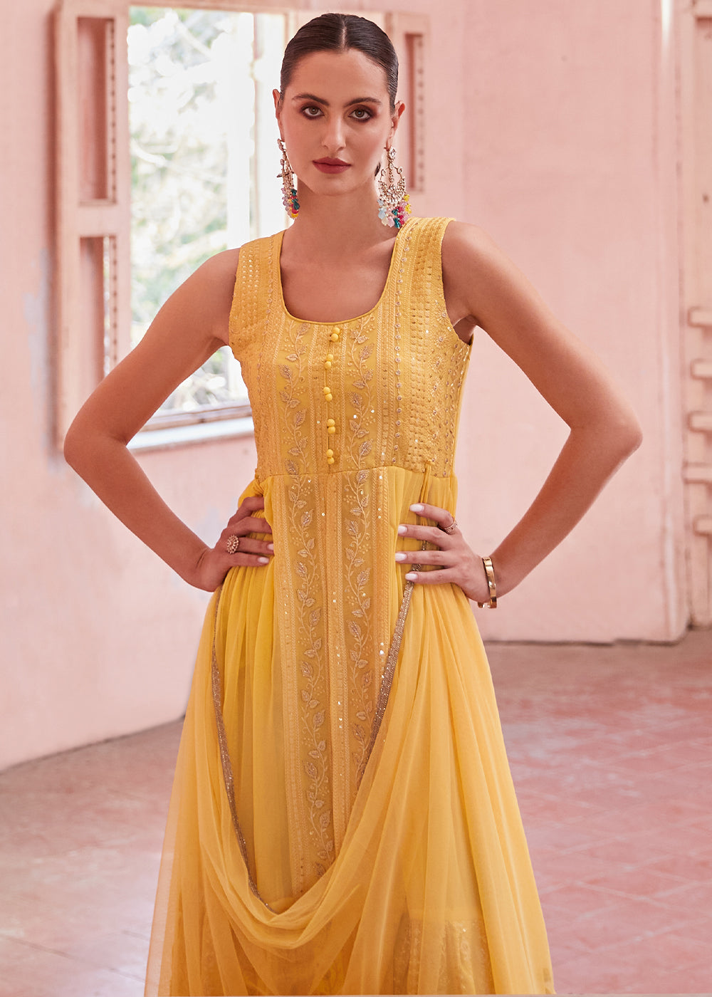 Butter Yellow Georgette Anarkali Gown with Intricate Zari, Sequin, and Thread Embroidery