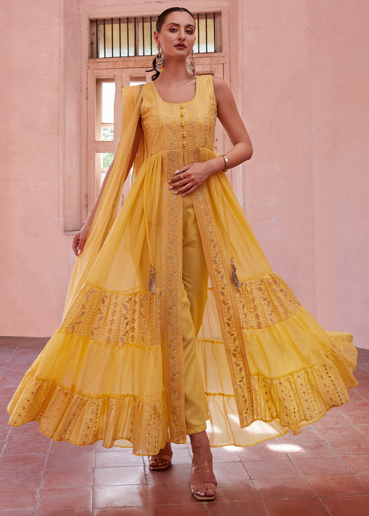 Butter Yellow Georgette Anarkali Gown with Intricate Zari, Sequin, and Thread Embroidery