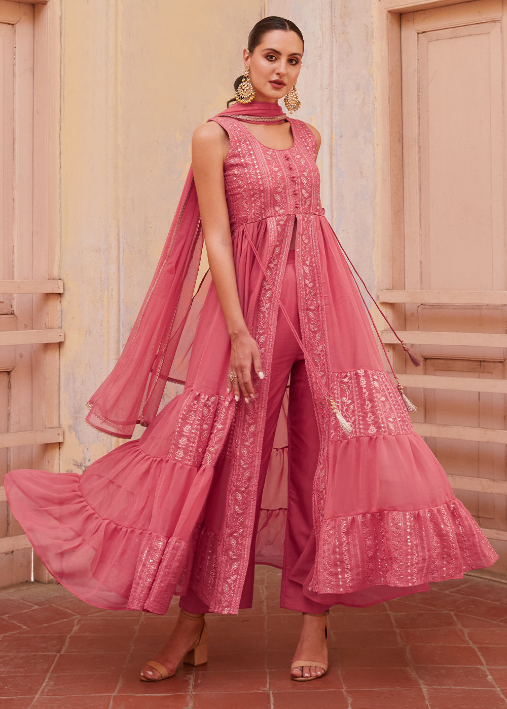 Carmine Pink Georgette Anarkali Gown with Intricate Zari, Sequin, and Thread Embroidery