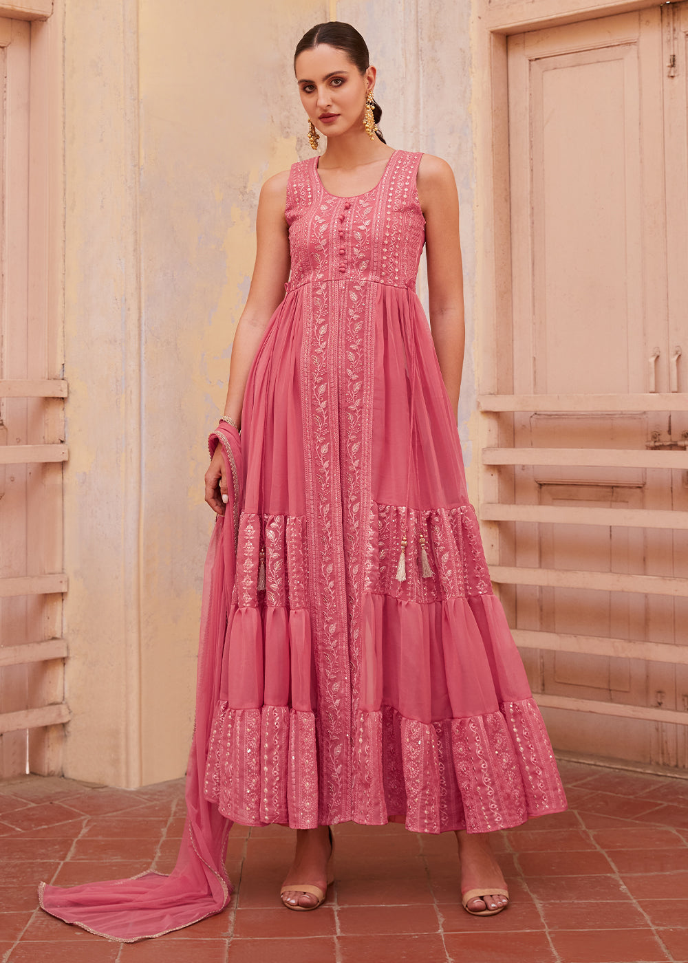 Carmine Pink Georgette Anarkali Gown with Intricate Zari, Sequin, and Thread Embroidery