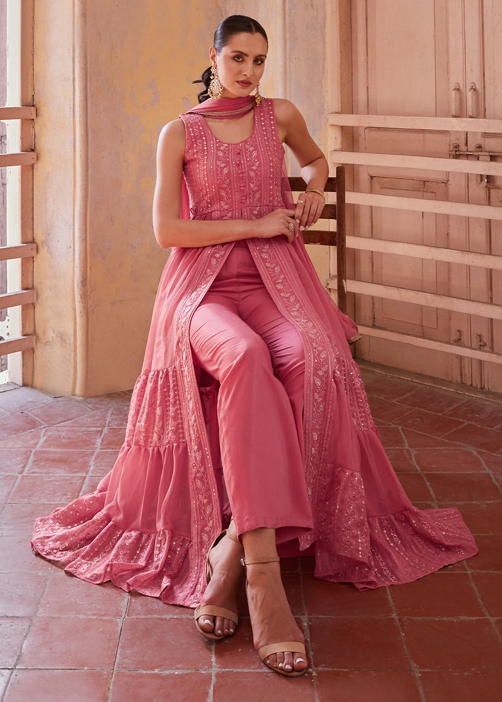 Carmine Pink Georgette Anarkali Gown with Intricate Zari, Sequin, and Thread Embroidery