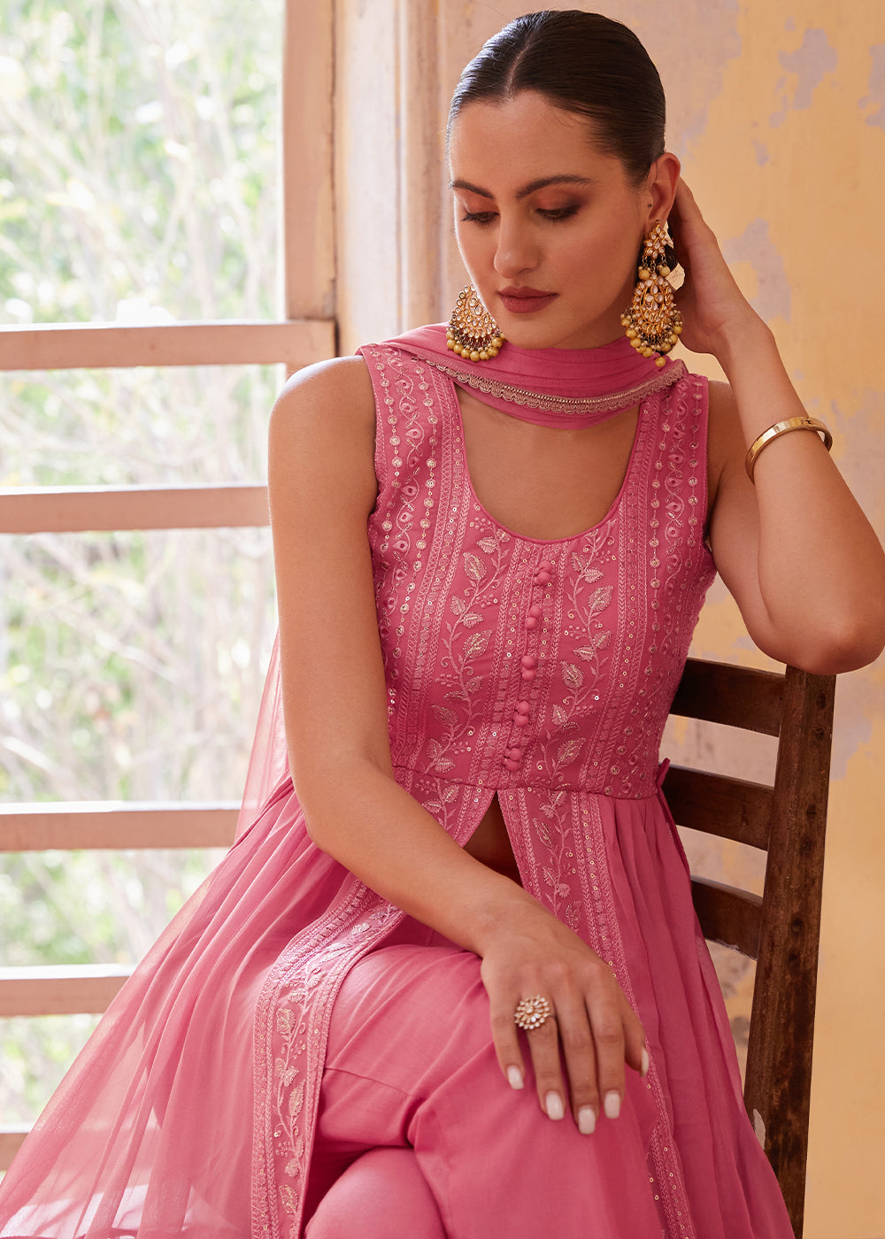 Carmine Pink Georgette Anarkali Gown with Intricate Zari, Sequin, and Thread Embroidery