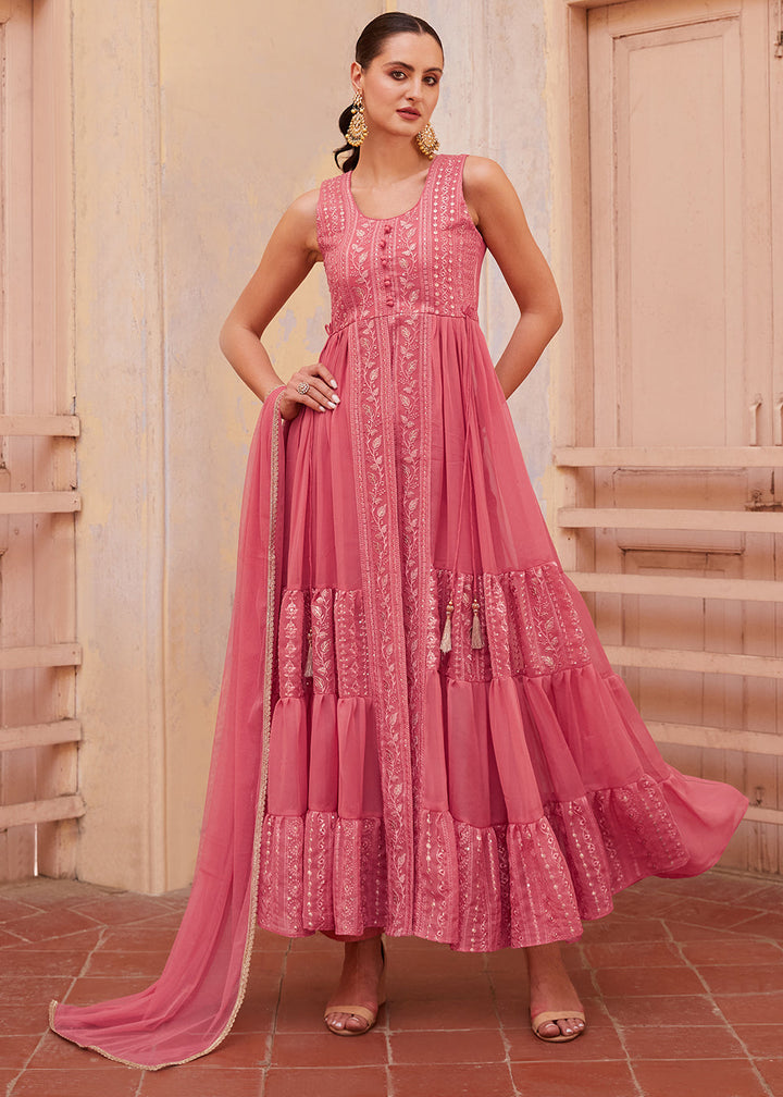 Carmine Pink Georgette Anarkali Gown with Intricate Zari, Sequin, and Thread Embroidery