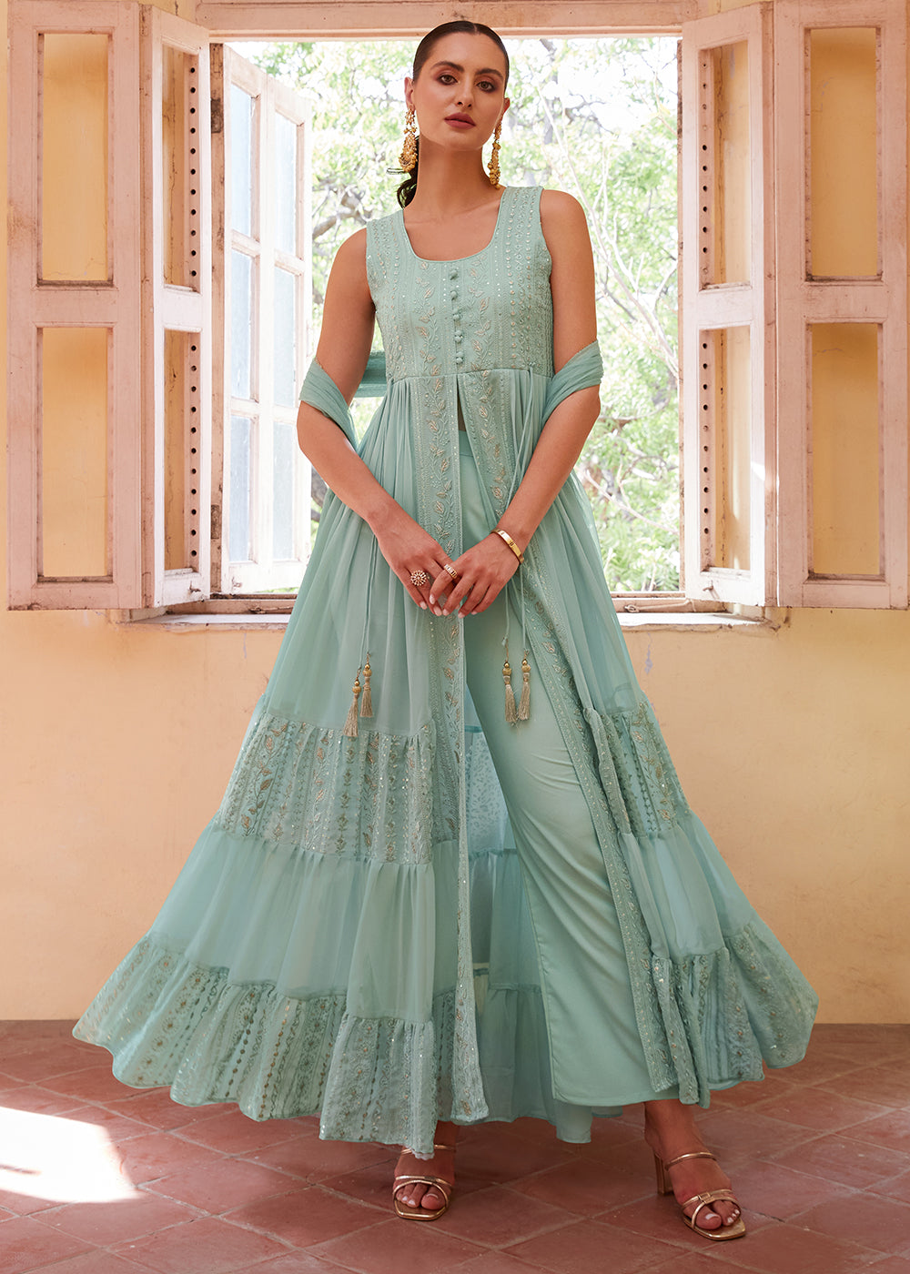 Light Blue Georgette Anarkali Gown with Intricate Zari, Sequin, and Thread Embroidery